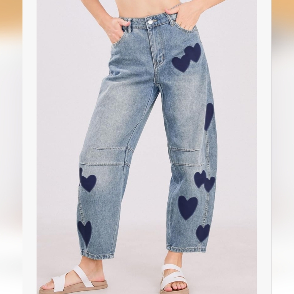 NWT Chartou Barrel Y2K Light Wash Jeans Heart Print Valentines Day Women Size XL